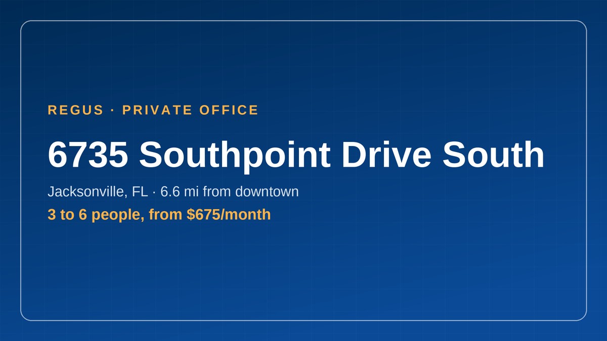 3-6 person office space Jacksonville: card for the Regus private office at 6735 Southpoint Drive South, 3 to 6 people from $675 a month
