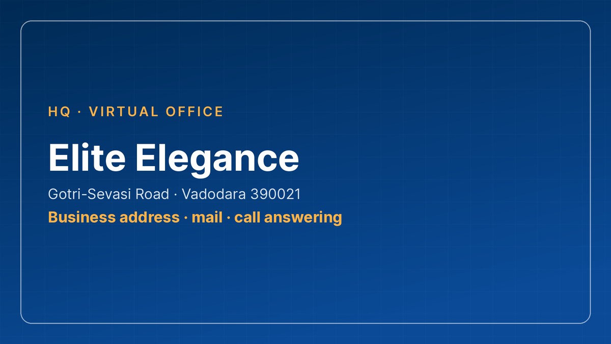 Branded card for Elite Elegance virtual office address on Gotri-Sevasi Road, Vadodara